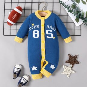Baby Letter and Number Print Color Block Long-sleeve Knitted Jumpsuit