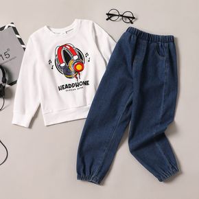 2-piece Kid Boy Letter Headphone Print White Sweatshirt and Elasticized Denim Jeans Set