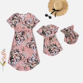 All Over Floral Print Pink V Neck Short-sleeve Belted Dress for Mom and Me
