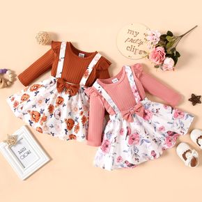 2pcs Baby Girl Solid Ribbed Long-sleeve Romper and Floral Print Suspender Skirt Set