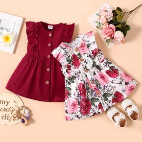 Baby Girl 100% Cotton Solid/Floral-print Button Front Sleeveless Ruffled Dress