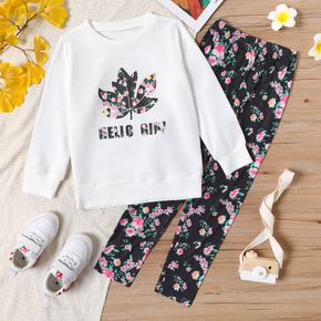 2-piece Kid Girl Letter Floral Print White Pullover Sweatshirt and Elasticized Pants Set