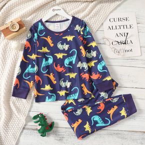 2-piece Kid Boy Animal Dinosaur Print Long-sleeve Tee and Elasticized Pants Pajamas Lounge Set