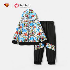 Superman 2-piece Kid Girl Colorblock Letter Rocket Print Zipper Hooded Jacket and Pants Set