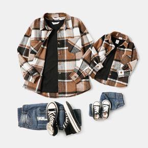 Coffee Plaid Button Down Long-sleeve Flannel Shirts for Mom and Me