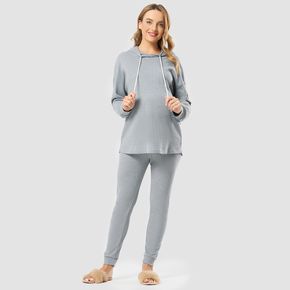 Maternity Long-sleeve Drawstring Hooded Tee and Pants Pajamas Lounge Set