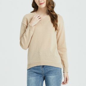 Khaki-minimalistischer Langarm-Pullover mit V-Ausschnitt