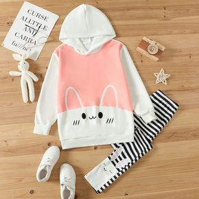 2-piece Kid Girl Animal Rabbit Print Colorblock Hoodie Sweatshirt and Stripe Pants Set