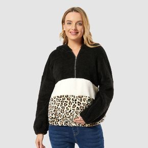 Maternity Leopard Panel Zip Half Placket Hooded Sweatshirt