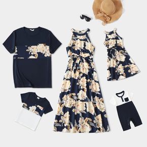 Family Matching Floral Print Sleeveless Halter Neck Dresses and Short-sleeve Splicing T-shirts Sets