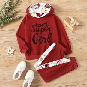 2-piece Kid Girl Letter Floral Print Red Hoodie Sweatshirt and Elasticized Pants Casual Set