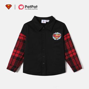 Superman Kid Boy Colorblock Plaid Black Shirt /Blouse