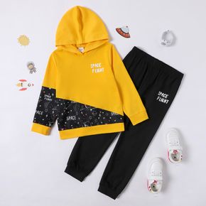 2-piece Kid Boy Letter Space Rocket Print Colorblock Hoodie Sweatshirt and Black Pants Set