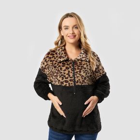 Nursing Contrast Leopard Print Zip Half Placket Sweatshirt