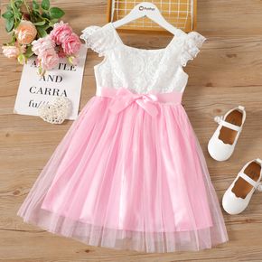 Kid Girl Lace Design Mesh Splice Flutter-sleeve Bowknot Decor Princess Party Dress