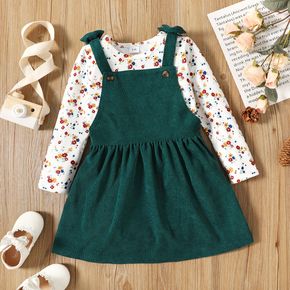 2-piece Toddler Girl Floral Print Long-sleeve Tee and Bowknot Design Dark Green Overall Dress Set