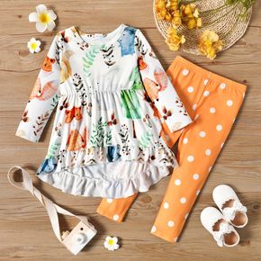 2-piece Toddler Girl Floral Print High Low Ruffled Hem Long-sleeve Top and Polka dots Pants Set