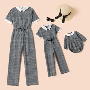Grey Plaid Lapel Short-sleeve Belted Jumpsuit for Mom and Me