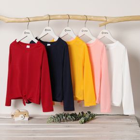 Kid Girl Casual Tie Knot Solid Color Long-sleeve Tee