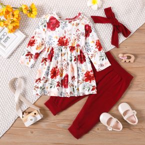 3tlg Baby Mädchen rot Blumendruck Langarm-Oberteil mit fester Hose und Stirnband Set