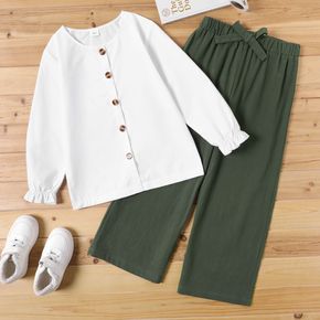 2-piece Kid Girl Button Design Long Ruffle-sleeve White Blouse and Bowknot Design Dark Green Wide Leg Pants Set