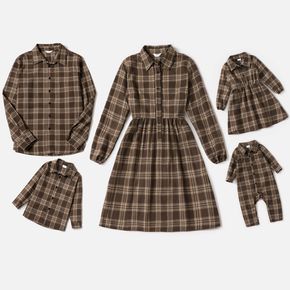 Family Matching Brown Plaid Long-sleeve Dresses and Shirts Sets