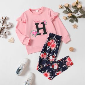 2-piece Kid Girl Floral Letter Print Ruffled Sweatshirt and Leggings Set