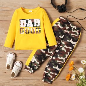 2-piece Toddler Boy Letter Print Long-sleeve Yellow Tee and Camouflage Print Pants Set