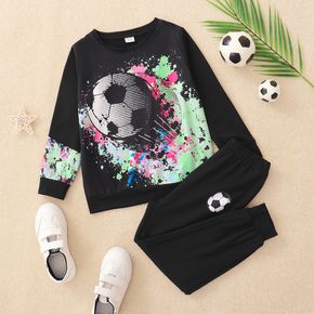 2-piece Kid Boy Football Painting  Print Black Sweatshirt and Elasticized Pants Set
