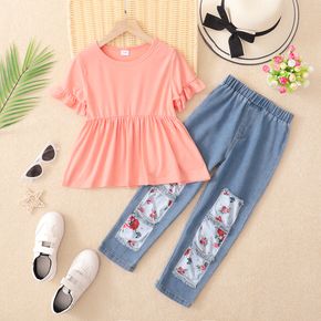 2-piece Kid Girl Ruffled Short-sleeve Pink Peplum Tee and Floral Print Patch Ripped Denim Jeans Set