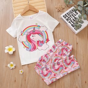 2-piece Kid Girl Unicorn Rainbow Print White Tee and Elasticized Pink Pants Set