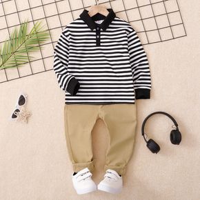 2-piece Kid Boy Preppy style Stripe Long-sleeve Polo Shirt and Khaki Pants Set