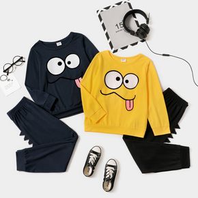 Kid Boy/Kid Girl Face Emojis Print Pullover Sweatshirt and Solid Color Elasticized Pants Set