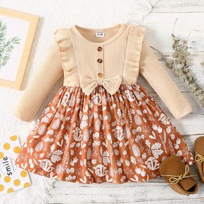 Baby Girl Plant Print Splicing Ribbed Long-sleeve Ruffle Dress