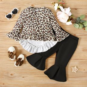 2pcs Baby Girl Leopard Long-sleeve Ruffle Top and Solid Bell Bottom Pants Set