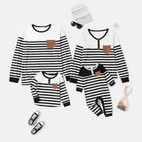 Family Matching White and Black Striped Round Neck Long-sleeve Tops