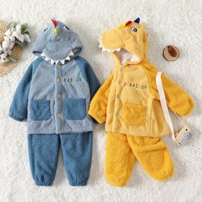 2pcs Dinosaur Design Letter Embroidery Hooded 3D Serration Fluffy Long-sleeve Top and Pants Yellow or Blue Toddler Pajamas Home Set