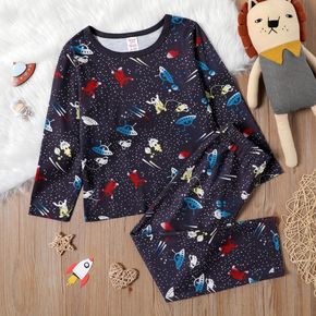 2-piece Kid Boy Space Astronaut Rocket Print Long-sleeve Tee and Pants Pajamas Lounge Set