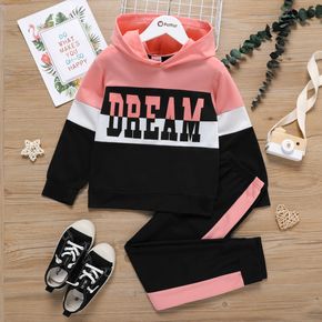 2-piece Kid Girl Letter Print Colorblock Hoodie and Pants Casual Set