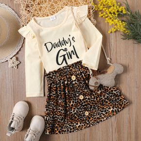 2-piece Toddler Girl Letter Print Ruffled Long-sleeve Top and Leopard Print Paperbag Skirt Set