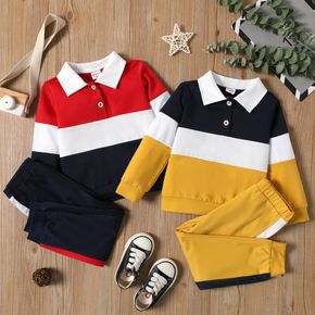 2-piece Toddler Boy Colorblock Long-sleeve Polo Shirt and Pants Casual Set