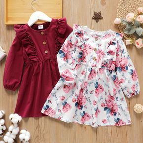 Toddler Girl Ruffled Floral Print/Burgundy Button Design Long-sleeve Dress