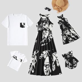 Family Matching All Over Plant Print Halter Neck Off Shoulder Midi Dresses and Short-sleeve T-shirts Sets