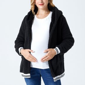 Maternity Stripe Detail Solid Color Long-sleeve Plush Cardigan Hooded Coat