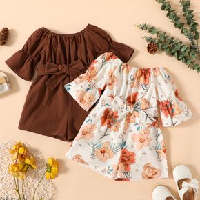 Toddler Girl Bowknot Design Floral Print/Solid Color Short-sleeve Romper Jumpsuit Shorts