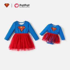 Superman Sister Long-sleeve Colorblock Mesh Dress and Tutu Bodysuit for Baby Girl and Girl