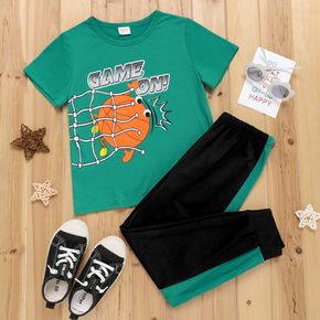 2-piece Kid Boy Letter Basketball Print Tee and Colorblock Elasticized Pants Set