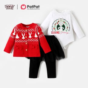 Looney Tunes Baby Girl Cotton Front Buttom Bowknot Coat Graphic Bodysuit and Tutu Pants Set
