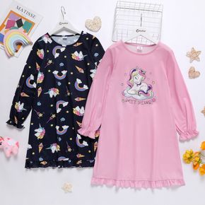 Kid Girl Unicorn Rainbow/Letter Print Ruffled Hem Long-sleeve Nightdress Nightgown