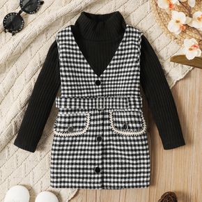 2-piece Toddler Girl Turtleneck Long-sleeve Ribbed Black Sweater and Belted Plaid Overall Dress Set